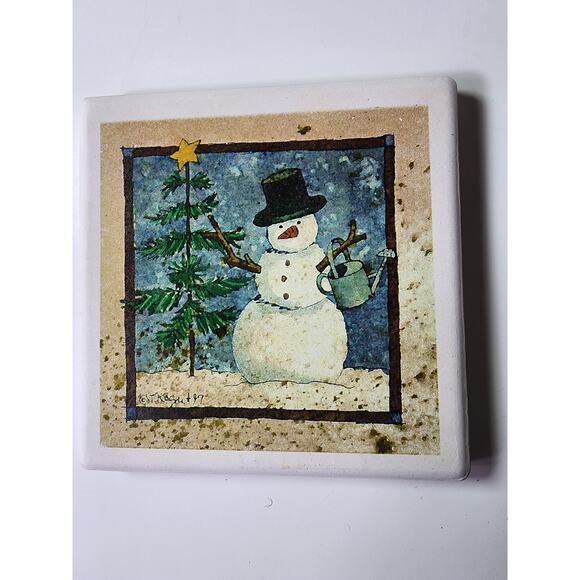 Winter Rustic SNOWMAN Absorbent Coaster Cork Backing Set of 4 with box - Picture 1 of 5